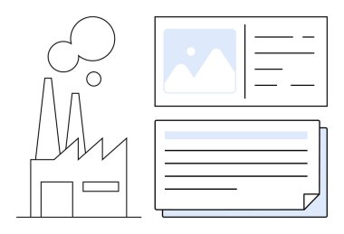 Fabrika bir belgenin yanında duman yayıyor ve metin ve resim yer tutucuları ile düzeni rapor ediyor. Sanayi, imalat, analitik, iş, veri, iletişim ve raporlama için idealdir. Basit düz