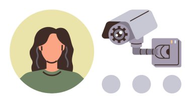 Yüz tanıma ve veri gizliliği endişelerini temsil eden, monte edilmiş bir güvenlik kamerasının yanındaki insan silueti. Gözetim, teknoloji, gizlilik, güvenlik, dijital kimlik, yapay zeka, veri etiği için ideal