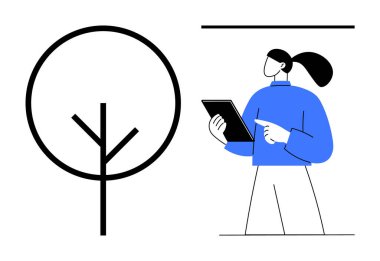 Minimalist ağaç hatlarının yanındaki ekrana işaret ederken elinde tabletle etkileşime giren bir kadın. Teknoloji, eğitim, öğrenim, sürdürülebilirlik, çevre dostu temalar, bağlantı, basit