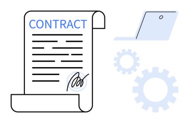 İmza, dizüstü bilgisayar ve şanzıman içeren yasal anlaşma belgesi iş akışını, iş operasyonlarını ve dijital işbirliğini simgeliyor. Kontrat, iş, teknoloji ve hukuki çözümler için ideal iş akışı