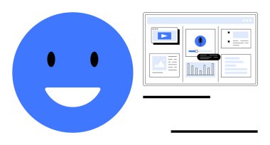 Mavi mutlu yüz veri dolu bir web gösterge paneli ile eşleştirilmiş grafikler, videolar ve grafikler. Dijital deneyim, arayüz tasarımı, kullanıcı memnuniyeti, analitik araçlar, başarı, katılım için ideal
