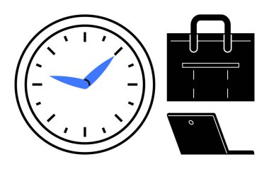 Mavi elli saat, evrak çantası ve dizüstü bilgisayar zaman yönetimi, iş hayatı dengesi ve profesyonel odaklanmayı sembolize eder. İş için ideal, kariyer planlaması, üretkenlik, verimlilik zamanı uzaktan izleme