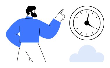 Mavi gömlekli biri zamanın önemini gösteren analog saati işaret ediyor. Teslim tarihleri, dakiklik, odaklanma, planlama, hedef belirleme, iş programları ve hatırlatmalar için ideal. Basit düz metafor