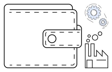 Kapalı cüzdan, duman yayan fabrika, endüstriyi, ekonomiyi, imalatı, maliyeyi, ticareti, iş operasyonlarını sembolize eden birbirine bağlı vitesler. Ekonomi sektörü finans sektörü için ideal