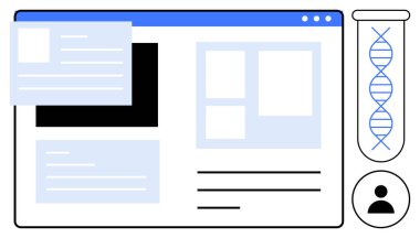 Test tüpü ve kullanıcı profili simgesindeki DNA sarmalının yanında modüler düzenlerle web arayüzü. Biyoteknoloji, veri entegrasyonu, araştırma, genetik test, teknoloji, yenilik, bilim için ideal