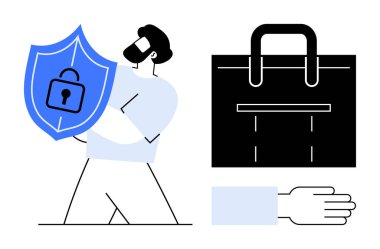 Elinde kilit sembolü olan bir adam evrak çantası ve elin yanında veri güvenliğini vurguluyor. Gizlilik, koruma, güven, bilişim güvenliği, veri işleme, iş güvenliği için ideal, basit düz metafor