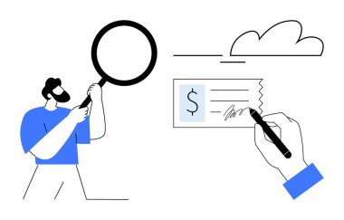 Adam, bir el çeki imzalarken bir belgeyi büyüteçle inceliyor. Finans, analiz, ticari işlemler, bankacılık, evrak işleri, yatırım sezgileri için ideal. Basit düz metafor