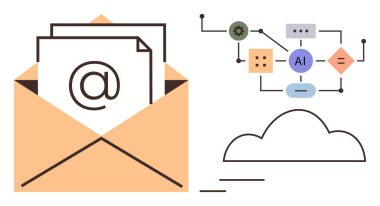 İçinde e-posta sembolü, bulut grafiği ve yapay zeka bağlantıları olan zarfı aç. Dijital iletişim, bulut hesaplama, makine öğrenme iş akışları, yapay zeka entegrasyonu, e-posta pazarlama, teknoloji evrimi için ideal