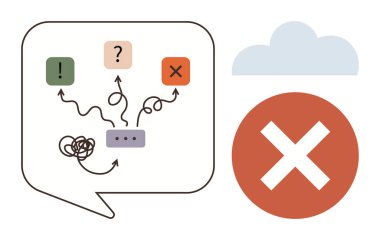 Karmaşık okları, sembolleri, X harfleri olan konuşma balonu kafa karışıklığını ve iletişimsizliği vurguluyor. Kırmızı X başarısızlığı vurguluyor. Sorun çözme, çatışma, geri bildirim üretkenlik engelleri için ideal