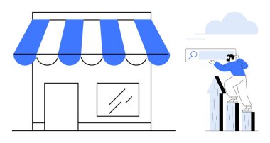 Mavi çizgili tenteli bir vitrin ve bar çizelgesinde arama çubuğu tutan bir kişi. Pazarlama, iş stratejisi, e-ticaret, SEO, büyüme, analiz veya perakende için ideal