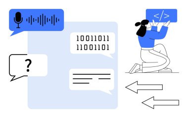 Ses dalgalı mikrofon, ikili kod, sohbet baloncukları, oklar ve yönetici kodlu geliştirici. Yazılım geliştirme, yapay zeka, kodlama, teknoloji yenilik makinesi öğrenme araçları için idealdir basit iletişim araçları