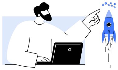 Dizüstü bilgisayarda çalışan erkek profesyonel roket ve yüzen düğümlere dikkat çeker. Yenilik, girişimcilik, teknoloji, ilerleme, analiz, strateji, başarı için idealdir. Basit düz metafor