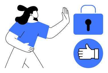 Güvenilir kilit simgesi ve onay başparmağıyla inkar eden kadın el kaldırıyor. Gizlilik, rıza, güvenlik, sınırlar, seçim, erişim kontrolü için ideal, basit bir iniş sayfası