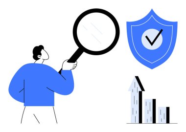 Elinde büyüteç tutan adam grafik büyümesini inceliyor, kalkanında güvenlik sembolü var. İş analizleri için ideal, başarı, optimizasyon, güvenlik, performans izleme, motivasyon