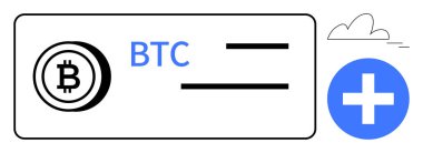 BTC logosuyla Bitcoin cüzdan arayüzü, işlemler için yatay çizgiler, ekleme düğmesi ve bulut simgesi. Kripto para birimi, finans, engelleme zinciri, teknoloji, dijital ödeme fintech basit daire için ideal