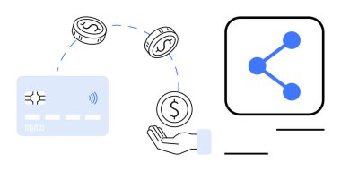 Kredi kartı, madeni paraların bir elde toplanması ve bağlantıların paylaşımı mali teknoloji ve dijital ödemeyi vurguluyor. Fintech, e-ticaret, ödeme işleme, güvenlik, uygulama tasarımı için ideal basit eğitim