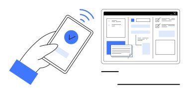 Bilgisayar ekranına sinyal gönderen kontrol işaretli akıllı telefonu tutan programlar ve görevler. Üretkenlik için ideal, UX, iletişim, teknoloji, uzaktan çalışma, veri paylaşımı, basit daire