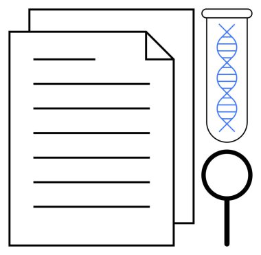 Metin satırları, büyüteç ve çift sarmallı test tüpü içeren belgeler. Bilim, araştırma, biyoloji, genetik, analiz, araştırma eğitimi için ideal basit düz metafor
