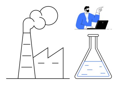 Duman yayan fabrika, sıvılı kimyasal matara ve dizüstü bilgisayarı işaret eden profesyonel bir iş. Bilim, yenilik, endüstri, araştırma, çevre eğitimi teknolojisi için idealdir. Basit düz metafor