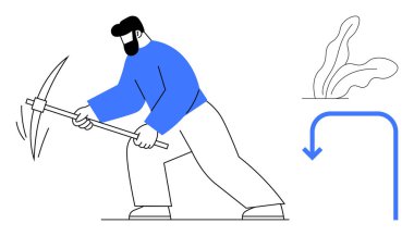 Kazma, toprak çarpma çizgileri, bitki büyümesi ve sadeleştirilmiş ok kullanan bir adam. İşgücü, tarım, madencilik, elle sürdürülebilirlik büyümesi için idealdir. Basit düz metafor
