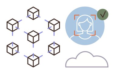 Bağlı engelleme küpleri, onaylı yüz tanıma sistemi ve bulut simgesi. Teknoloji, güvenlik, veri, engelleme zinciri, doğrulama biyometrisi yeniliği için idealdir. Basit bir daire.