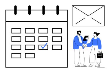 İşaretli tarih, zarf, iş tokalaşması, belge incelemesi olan takvim. Planlama, programlama, randevu ayarlama, mesleki ilişkiler, haberleşme işyeri işbirliği için ideal