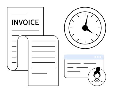 Detaylı satırlı fatura belgesi, zamanı sembolize eden bir saat ve kullanıcı profilli bir tarayıcı. Zaman yönetimi, faturalandırma, finans, üretkenlik, muhasebe, iş akışı için ideal