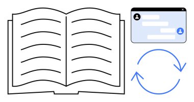 Metin içeren kitabı aç, konuşma baloncuklarıyla sohbet ara yüzü, ve yenilenmek veya güncellenmek için dairesel oklar. Eğitim, e-öğrenim, iletişim, etkileşim, işbirliği, bilgi paylaşımı için ideal