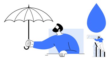 Şemsiye tutan adam, büyük su damlası sembolü, büyüteçle kitap yığınına tırmanan küçük adam. Koruma, yenilik, büyüme, eğitim, analiz, dayanıklılık güvenliği için ideal