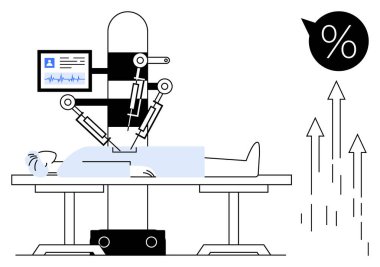Bir hastaya, sağlık monitörü ve büyüme okları ikonu yanında ameliyat yapan robotik kollar. Teknoloji, sağlık hizmetleri yeniliği, tıbbi ilerleme, veri analizi, gelecek, otomasyon için ideal