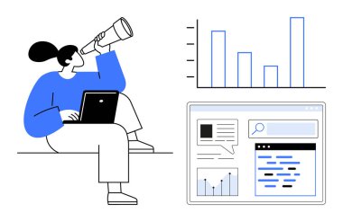 Dizüstü bilgisayarlı bir kadın teleskopla bakıyor. Yakınlarda bir bar çizelgesi, grafikler ve açık bir analitik gösterge paneli var. Analiz, strateji, büyüme, dijital pazarlama araştırma eğilimleri için ideal