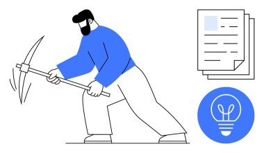 Elinde kazma tutan sakallı bir adam kağıt yığınının ve mavi yenilik ampulü ikonunun yanında yere çarpıyor. Yenilik için ideal, problem çözme, sıkı çalışma, fikir üretimi, üretkenlik, teknoloji, basit