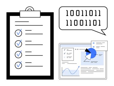 Tamamlanmış ögelere sahip kontrol listesi, konuşma baloncuğunda ikili kod ve grafik ve diyagramları gösteren dizüstü bilgisayar ekranı. Veri yönetimi, verimlilik, kodlama, iş akışları, analitik ve izleme için ideal