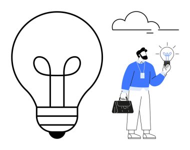 Elinde evrak çantası olan bir iş adamının parlak bir fikri var. Geniş soyut ampul yeniliği simgeliyor. Yaratıcılık, girişimler, problem çözme, hırs, motivasyon, ilham, basit