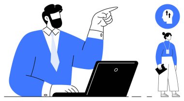 Bilgisayarda çalışırken işaret eden kişi, belgeli iş arkadaşı, beyin fırtınası ikonları ve liderlik. Takım çalışması, karar verme, iş stratejisi, liderlik, akıl hocalığı için ideal