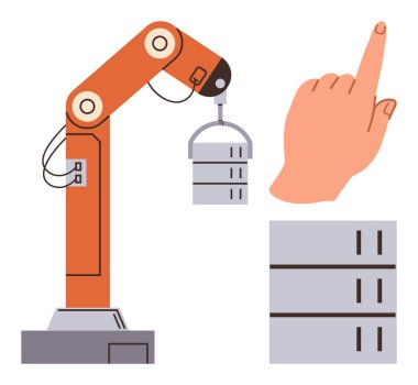 Bir sunucu ünitesini tutan robot kol, sunucu yığınının yanında insan eli hareketi etkileşimi. Otomasyon, robot bilimi, teknoloji, yenilik, makine kontrol yapay zekası üretimi için idealdir. Çok basit.