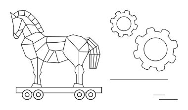 İki büyük vitesli, çokgen tarzda Truva atı. Siber güvenlik, strateji, teknoloji, otomasyon, yenilik, mühendislik, basit iniş sayfası için ideal