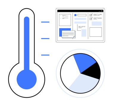 Termometre ölçümü sembolize eder, web sayfası arayüzü ve pasta grafiği görselleştirmesi. Analiz, performans takibi, istatistik, iş anlayışı, dijital araçlar, üretkenlik için ideal basit