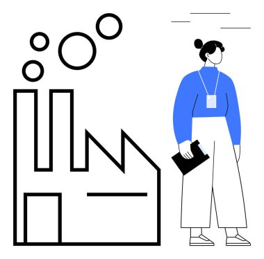 Kimlik kartı olan kadın işçiler, geometrik şekiller yayan sanayi binasının yanında pano tutuyorlar. Konseptler için ideal imalat, süreç kontrolü, endüstri, istihdam, analiz