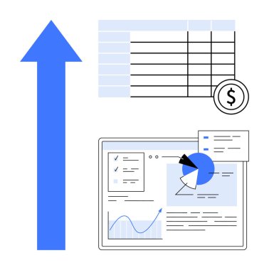 Yukarı doğru ok, analiz ve optimizasyon için hesap tablosu, finans tablosu ve pasta tablosu ile gelişimi temsil eder. Finans, iş stratejisi, büyüme analizleri, yatırım ve raporlama için ideal