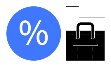 Yüzde işaretli mavi daire ve indirimleri, satışları ve teklifleri temsil eden siyah alışveriş torbası. Pazarlama, perakende satış, e-ticaret, anlaşmalar, reklam alışverişi için ideal. Basit bir daire.