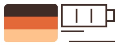 Yatay eğimli dikdörtgen ve ana hatlı pil ikonu enerji tüketimini ve seviyelerini iletir. Güç, enerji, kullanım, verimlilik, teknoloji, sürdürülebilirlik, basit düz metafor temaları için ideal