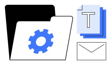 Dişli sembolü, metin belgeleri ve zarf simgesi içeren klasörü aç. Veri düzenleme, yönetim, belge depolama, otomasyon, iletişim, iş akışı optimizasyonu ve basit iniş sayfası için ideal