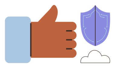 Kalkanın ve bulutun yanında baş parmağın havada. Güvenlik, güven, koruma, bulut hesaplama, güvenilirlik, pozitiflik ve başarı için idealdir. Basit düz metafor