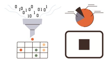 İkili veri renkli noktalarla ızgaraya giden huniye akıyor, pasta grafiği veri içgörülerini, dikdörtgen çıktıyı vurguluyor. Analiz, büyük veri, işlem, görselleştirme, makine öğrenimi için ideal