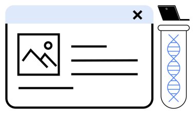 DNA ipliği içeren bir test tüpünün yanında web sitesi düzeni dijital biyomedikal araştırmaları ön plana çıkarıyor. Genetik, biyoenformatik, laboratuvar çalışmaları, veri analizi, yenilik, tıbbi