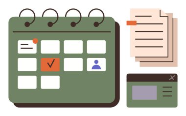 İşaretli tarih, görev, kullanıcı simgeleri, istiflenmiş kağıtlar ve bildirim penceresi olan yeşil takvim. Planlama, planlama, verimlilik, organizasyon zamanı yönetimi iş akışı ve sade iniş için ideal