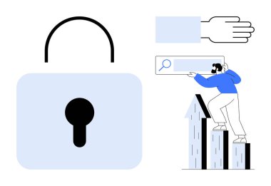 Asma kilit veri korumasını sembolize eder. Adam, büyümeyi gösteren bir ok yığınının üzerindeki dijital arama çubuğuyla etkileşime giriyor. Siber güvenlik, arama motorları, veri güvenliği, ilerleme, gizlilik ve iş için ideal