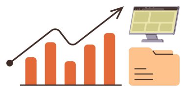 Bir bilgisayar monitörü ve belge klasörü eşliğinde yukarı doğru ok ile grafik çubukları büyümeyi gösteriyor. Ticari büyüme, veri analizi, finans, başarı, planlama, organizasyon ve ekonomi için ideal