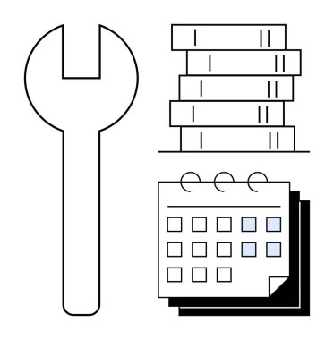 Bakım için anahtar, kaynaklar için çubuk istiflemek, takvim ayarlamak için. Yönetim, planlama, organizasyon, üretkenlik, iş akışı optimizasyonu, iş stratejisi kurumsal